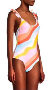 Chaser Striped Ruffle Straps One Piece Swimsuit, Size L, NWT