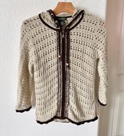 Open Knit Brown Tan Zip Sweater Long Sleeve Hoodie Size XS