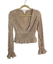 Leith Shimmery Gold Deep V Cropped Long Sleeve Blouse Top Shirt Small