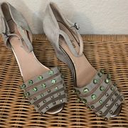 Anthropologie Faryl Robin Gray Suede Wedges with Jeweled Open Toes Size 8