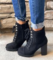 Black Sherpa Lined Chunky Lug Sole Ankle Bootie