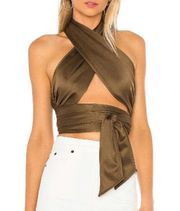 LPA Sleeveless Gathered Wrap Tie Satin Cropped Top 532 Taupe Women's Size Small