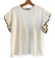 ZARA Trimmed T-Shirt White Top Gold Black Knit Cap Sleeve Ruffle Crew Neck Small