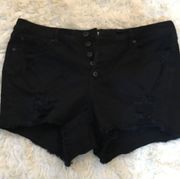 TORRID BLACK DISTRESSED BUTTON FLY SHORTIES