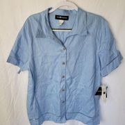 Vintage Sag Harbor Blue Linen Button Down Short Sleeve Women's Blouse Size 18