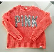 Victoria's Secret Pink Orange Oversized  XS Sweater Silver Bling Sequin Logo