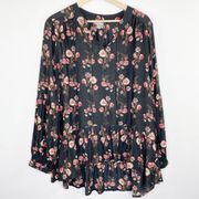 Falls Creek Black Floral Print V-Neck Long Sleeve Blouse Women's Size X-Large XL