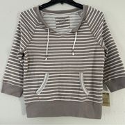 NWT Sonoma Grey White Striped Hooded 3/4 Sleeve T-Shirt Sweatshirt Casual Medium