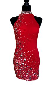 Women’s Red Halter Neck Bodycon Mini Dress Beaded Size 4