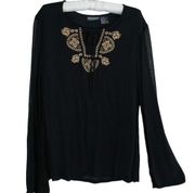 NWT black & gold embroidered loose fit boho blouse shirt 