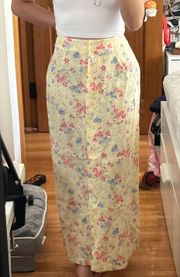 Vintage Yellow Floral Maxi Linen Skirt