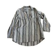 Ellen Tracy Long sleeve denim blue & white collar blouse 1X 100% linen coastal g