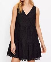 LOFT Black Eyelet Tiered V Neck Babydoll Swing Mini Dress Sz.L NWT