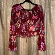 Free People  Bird Of Paradise Red Floral Mesh Bell Sleeve Crop Top XS NWT