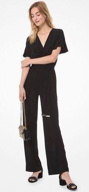 Michael Kors Wide Leg Jumpsuit Belted V-Neck Stretch Black Size L NWT $135.00