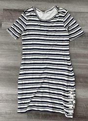 Splendid Blue White Striped Dress Lace Up Hem Medium M Stretch K7