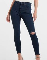 High Waisted Dark Washed Raw Hem Supersoft Skinny Jeans 14 Long INV271