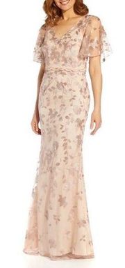 Adrianna Papell Dress Blush Embroidered Floral Flutter Sleeve Popover Gown 6