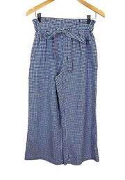 Joie Pants Womens Medium Blue White Gingham Paperbag Wide Leg Belted Crop Cotton