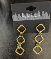 New Unique Nicole Miller Diamond shapes w Green Crystals Earrings