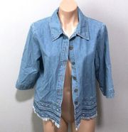 Allison Daley Denim Blue Button Up Fray Beading