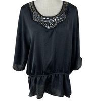 Elementz‎ Blouse Size 3X Art to Wear Peek-a-boo Sleeves Black Sheer Jeweled Neck