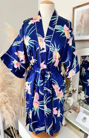 Vintage Satin Blue Floral Robe Lingerie Size S-L Made In USA