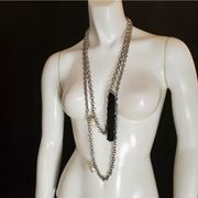 Chico's Silver Black Tassel & Faux Pearl Multilayer Necklace