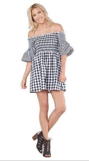 LoveRiche Cold Shoulder Gingham Navy Dress