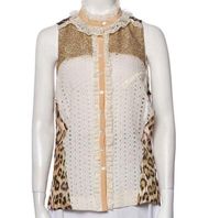 ROBERTO CAVALLI | Silk Sleeveless Blouse Eyelet & Ruffle Accents, Leopard Print,