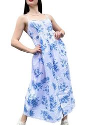 Vintage 100% Cotton Blue Floral Toile Babydoll Maxi Button Front Summer Dress 12