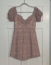 Pink Lace Puff Sleeves Sweetheart Mini Dress