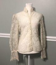 Vtg 70s Prairiecore Gunne Sax Style Sheer Lace Blouse Puff Sleeve