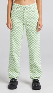 Green Checkered Straight Leg Jeans