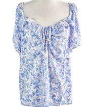 New Lush Blue Floral Smocked Back Ruched Front Flutter Sleeve Blouse Size 1X
