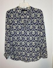 Honey Punch Damask Women's Long Sleeve Top Sz Small Blue Cream Sheer Sleeve EUC