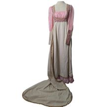 Gunne Sax 60's Black Label Rare Natural Muslin with Pink Embroidered Long Train