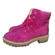 New Womens Betsey Johnson Hudson Rhineston Lace Fuschia Bootie Combat Boots  6.5