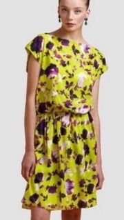 Silk Chartreuse Lime Green and Purple Floral Dress Size Small