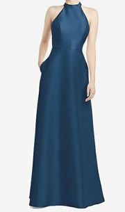 NWT  Dusk Blue High Neck Cut Out Satin Dress Size 6