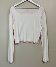 . Women’s Waffle Knit Boat Neck Crop Long Sleeve Tee White w/ Pink Trim NWT