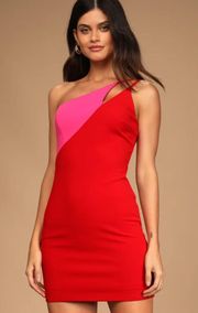 Red and Pink Color Block One-Shoulder Bodycon Dress