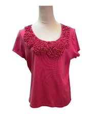 Ruby Road Pink With Ruffle Flower Front  T Shirt Size L