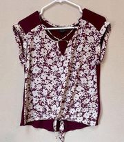 BCX Juniors Maroon White Floral Print Tie Waist Blouse Medium