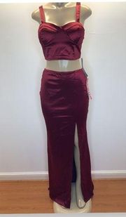 Trixxi Satin Maxi Long Slit Skirt with Bustier Style Top NWT