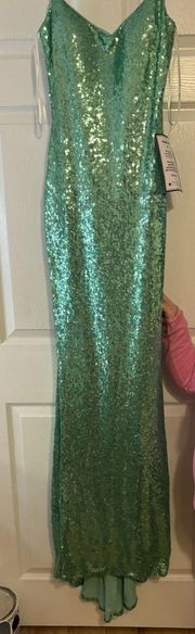 Green Sequin Floor Length Slit Prom Dress