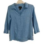 Tahari blue chambray 100% linen side button collared blouse M