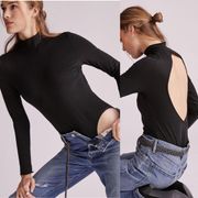 Anthropologie Daily Practice Shimmer Open Back Bodysuit Black Mock Neck NWT | S