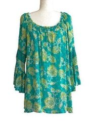 Ruby Rd Top Blouse Turquoise Green Floral 3/4 Bell Sleeve Boho Tunic Size XL