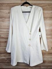 Cream White V Neck Faux Wrap Button Blazer Dress Women’s L NWT